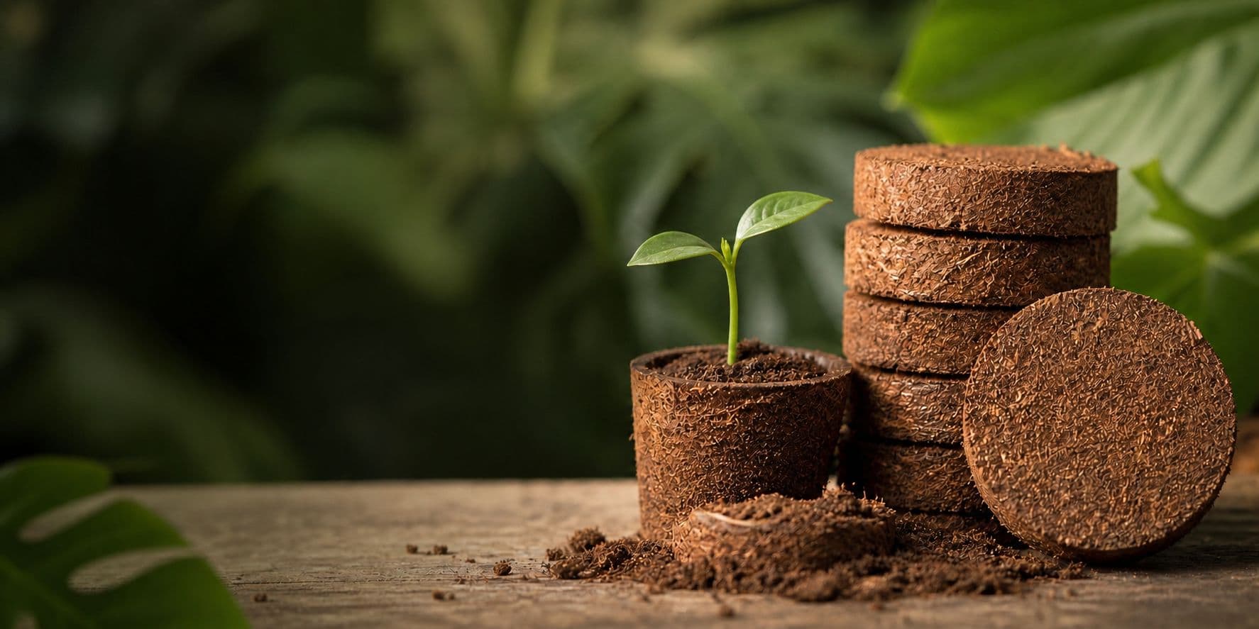 Coco coir planting discs and a young seedling for growing media supply