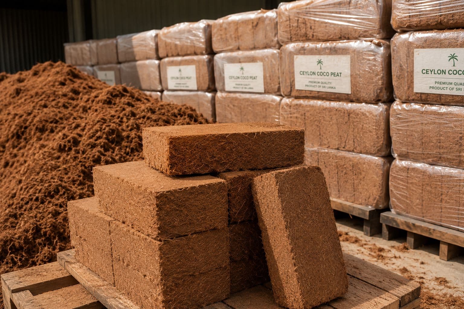 Compressed coco peat blocks prepared for product supply